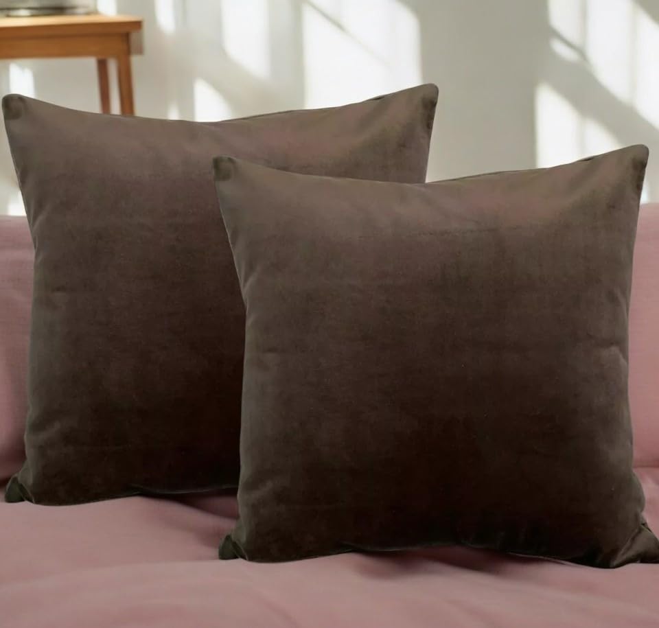 Seechoo Velvet Cushion Covers, Set of 2, 45cm x 45cm, 18x18 Inch, 17 Colours, Extra Soft Plush, Decorative, Invisible Zipper (Brown) — image 1