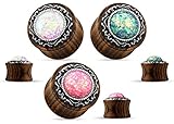 PAIR of Synthetic Opal with Tribal Pattern Casting Wood Saddle Plugs Body Jewelry