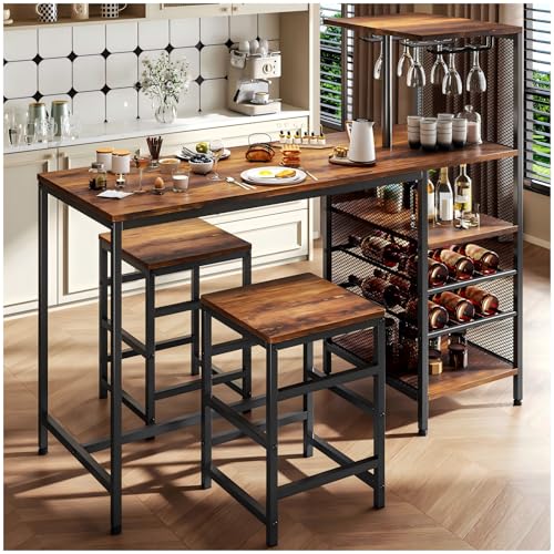 SIMPLE ESPACIO Barra de Cocina,Desayunador Tiene Seis Capas de Espacio de Almacenamiento,Mesa de Bar,Comedor Viene con Dos Sillas,con Estante para Copas Vino,Adecuado para Cocina y Bar(Color Retro)