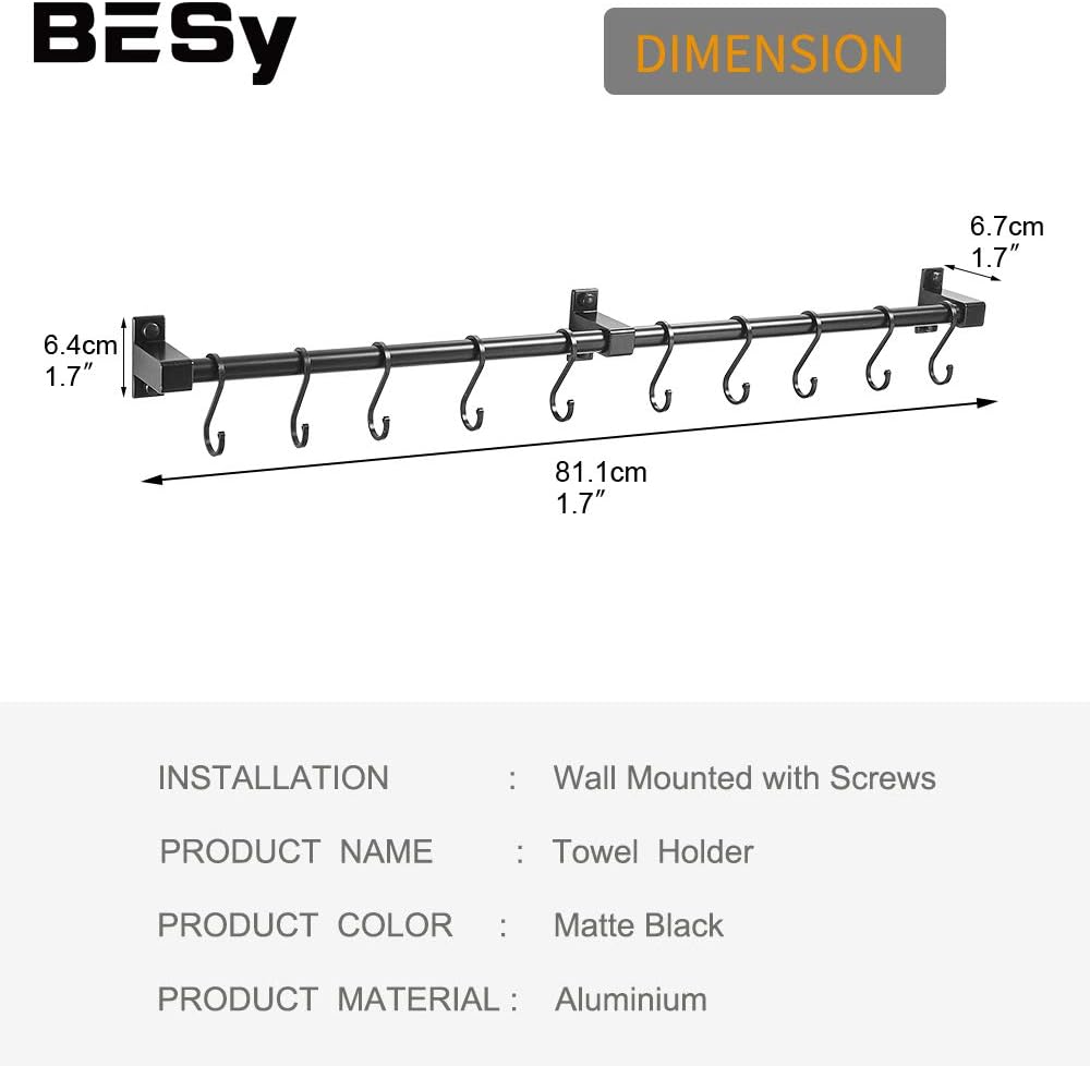 BESy 31.5 Inch Black Hanging Pot Rack Wall Mounted Lid Holder Detachable Rail Kitchen Utensils Pan Hanger with 10 Detachable S Hooks, Wall Mount With Screws: Kitchen & Dining