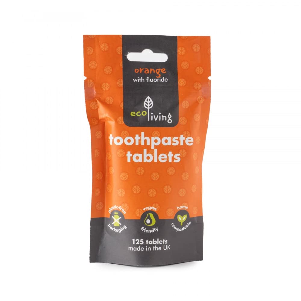 ecoLiving Toothpaste Tablets: Natural Orange Flavor; Eco-Friendly Teeth Whitening; 2 Month Refill Supply in Compostable Pouch; Vegan; SLS Free; Plastic-Free Fluoride Tabs; Made in UK; 125 Tablets