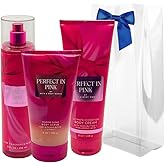 Bath & Body Works PERFECT IN PINK Fine Fragrance Mist, Ultimate Hydration Body Cream & Foaming Sugar Body Scrub 3-piece Gift Set with a Blue Bow for Holidays – Full Size