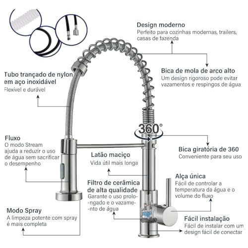 Torneira Monocomando Cozinha, Gourmet Para Bancada, Aço Inox Brilhante, Bico Giratório 360°, Spray Extensor