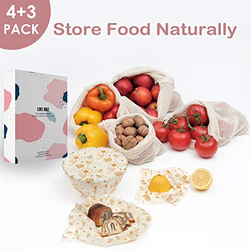 Beeswax Food Wrap and Reusable Produce Mesh Cotton Bags- Eco Friendly Free Plastic, Organic, Biodegradable, Sustainable Food Storage Wrappers, Zero Waste Alternative To Plastic Wraps By LifeRoz