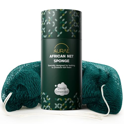 AURAE African Net Sponge – Authentic African Exfoliating Net Sponge for Bath & Shower, 45-Inch Soft, Durable & Quick-Drying Mesh Back Scrubber & Body Exfoliator for All Skin Types – Deep Emerald