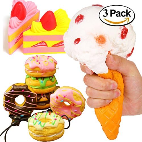 Jumbo Squishies Kawaii Package | Slow Rising Squishy Food | 3 Pack Donut Ice Cream &amp; Mini Kawai Cream Scented Stress Reliever | Phone Accessories Squishy | Pillow Cake | Sweet Scented Vent Charms