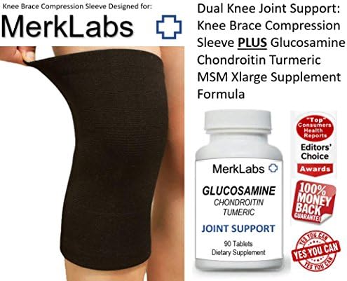 Knee Brace Support Compression Sleeve + Glucosamine Chondroitin Supplement Meniscus Tear ACL Arthritis Patella Stabilizer Joint Pain Relief Injury Recovery Running Basketball Sports Merk Labs MerkLabs