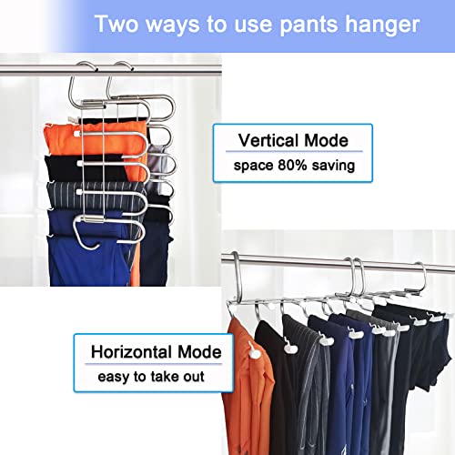 Non Slip Pants Hangers, Space Saving for Closet Organizer 5 Multiple Layered, Metal Stainless Steel Rack for Scarf Jeans Trousers ( White, 2 Pack) (White)
