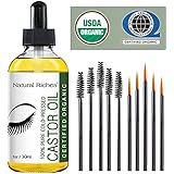 Pure Organic Cold Pressed Castor Oil USDA Certified for Eyelashes Growth Serum, Promotes Eyebrows &amp; Eyelash Growth from Natural Riches, 1 fl oz Contains five sets of eyelash and eyebrow brushes