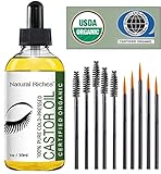Pure Organic Cold Pressed Castor Oil USDA Certified for Eyelashes Growth Serum, Promotes Eyebrows & Eyelash Growth from Natural Riches, 1 fl oz Contains five sets of eyelash and eyebrow brushes