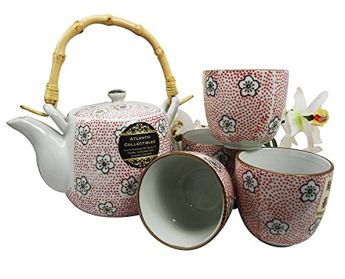 Atlantic Collectibles Japanese Cherry Blossom 20oz Ceramic Tea Pot and Cups Set Serves 4 People (Red Polkadots)