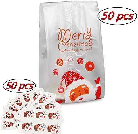 Christmas Cookie Bags Gift Giving,Plastic Bag Gift Santa Claus Bags 50pcs with 50Pcs Christmas Sealing Stickers (Santa Claus1)