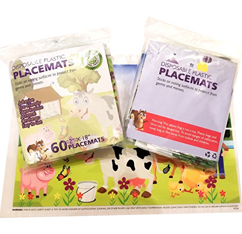Extra Sticky Disposable Plastic Placemat for Baby and Toddlers - 60 Count - New Farm Animals Design for 2018 - BPA Free - Use for Easy Cleanup of Tabletops - Keep Area Germ Free - Adhesive on 4 Sides