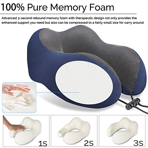 OYRGCIK Travel Pillow, 100% Pure Memory Foam Neck Pillow, Soft & Breathable Cotton Cover, Machine Washable Airplane Travel Kit U Shaped Pillow with 3D Contoured Eye Mask, Earplugs, Travel Bag, Blue