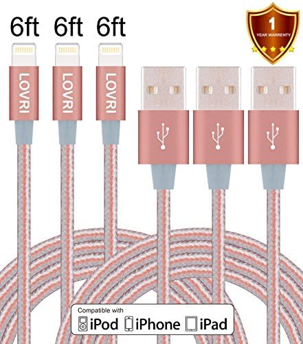 LOVRI 3Pack 6FT Extra Long Lightning Cable Nylon Braided Lightning to USB Charging Cord Charger for iPhone 7, 7 plus, 6s,6, 6plus,6s plus, iPhone 5s 5 5c SE, iPad &amp; iPod (Rose gold &amp; gray)