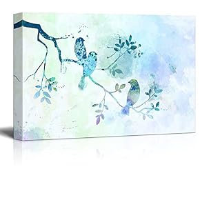 Light Blue Watercolor Style Painting with Birds Resting...