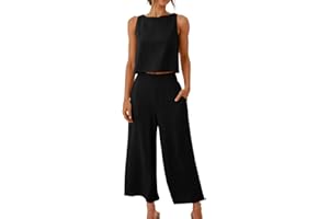 CBCBTWO Two Piece Linen Sets for Women Solid Crop Tank Tops&Wide Leg Pants Outfits Summer Casual Elegant 2 Piece Sets for Beach Work