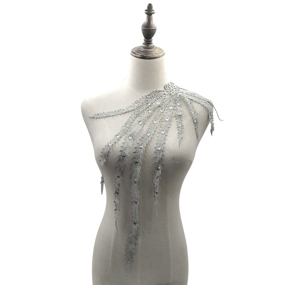 Embroidered Phoenix Tail Collar Appliqué, Embroidery Patch, Phoenix Tail Applique Patches, Tactical Collar for Sewing, Craft, Costume, Wedding Dress, Wedding Dress, Decoration, Silver