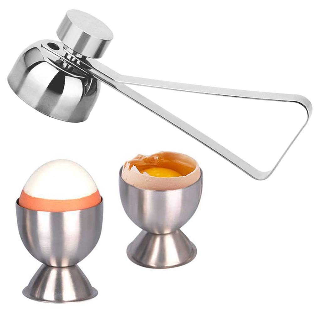 Egg Cup Set, Stainless Steel Egg Cup Holder & Double Sided Egg Topper Opener Cracker Great Size Easter Egg Cup for Soft Boiled Eg (2 Pcs & 1 Egg Opener)
