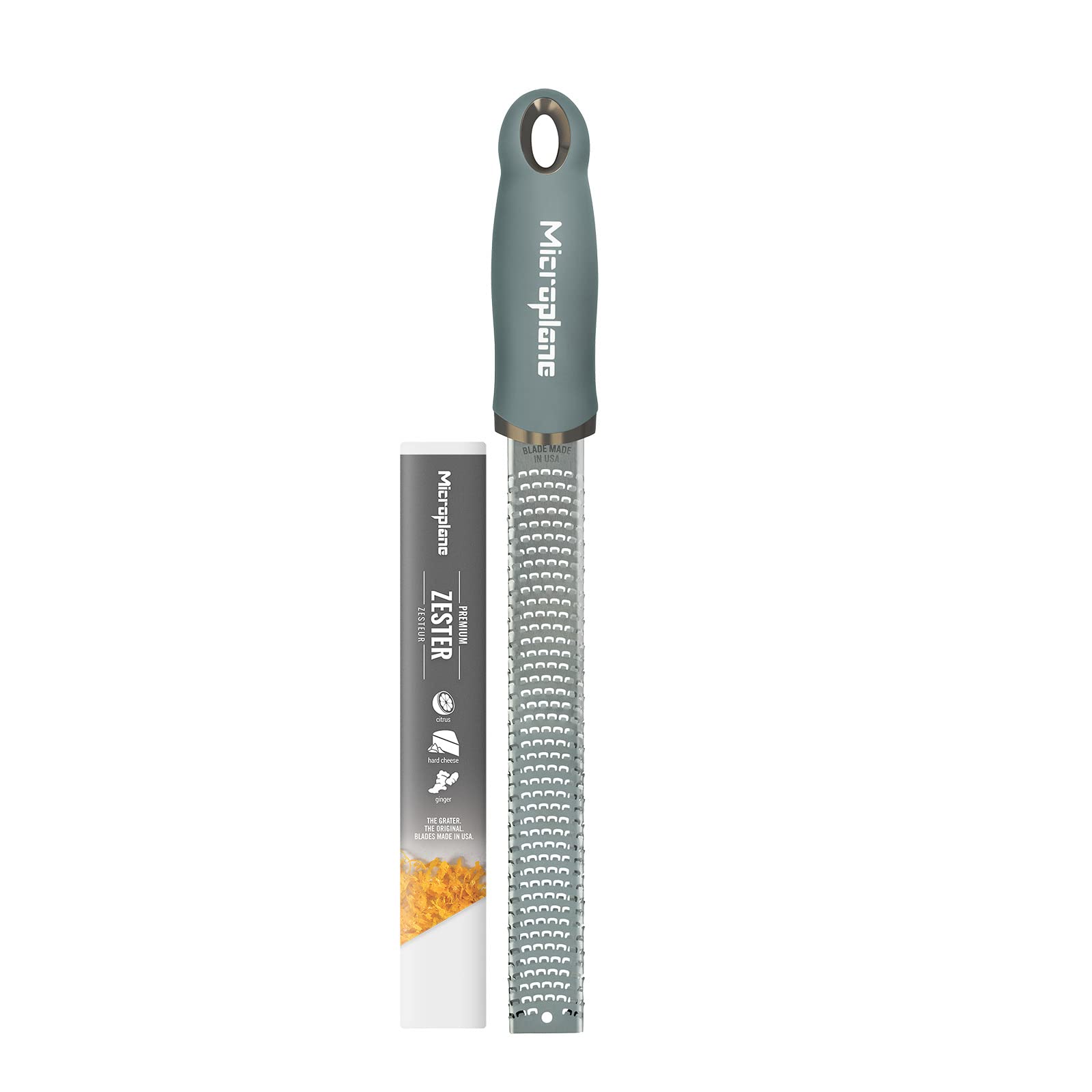 Microplane Zester Grater in Eucalyptus Green for Citrus Fruits, Hard Cheese, Ginger, Chocolate and Nutmeg with Fine Stainless Steel Blade - Made in USA