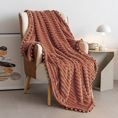 DISSA Fleece Blanket Throw Size – 51x63, Wide Stripe, Caramel – Soft, Plush, Fluffy, Fuzzy, Warm, Cozy – Perfect Throw for Couch, Bed, Sofa - with Pompom Fringe - Flannel Blanket Throw Blanket