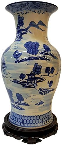 Chinese Blue and White 14" Flower Vase with Canton Landscape Painting.