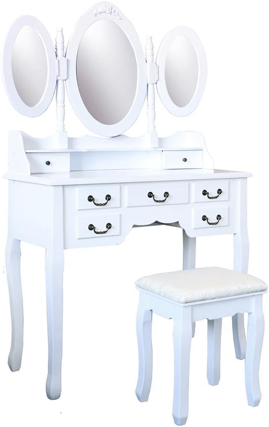Waroom Home Vanity Table Set with Cushioned Stool Makeup Dressing Table 7 Drawer 3 Folding Oval Mirror