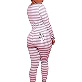 Aopwsrlyi Women Sexy One Piece Pajamas Valentines Day Outfit Striped Long Sleeve Button Front Bodycon Jumpsuit