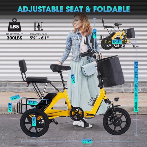 Electric Tricycle for Adults, Peak 500W Brushless Motor Electric Trike, 480Wh Removable Battery, Step-Thru 3 Wheel Electric Bike, 2 Seats, Up to 45 Miles, Folding E Trike Ebike, Gift for Parents