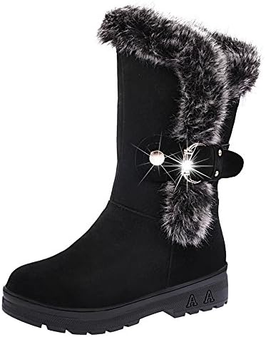 Fur Booties for Women, Sunyastor Women Boots Slip-On Soft Snow Boots Flat Winter Fur Lined Ankle Boots Shoes