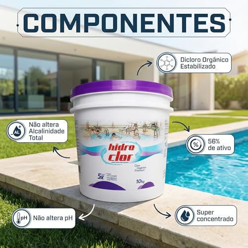 CLORO ORGÂNICO PREMIUM 56% HIDROCLOR 10Kg para Piscina, Desinfetante Concentrado, Estabilizado, 56% Teor Ativo de Cloro