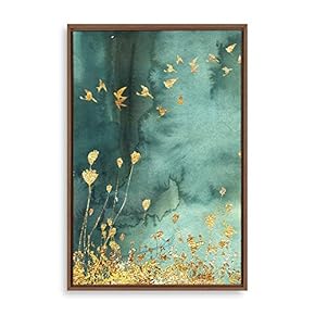 Framed Canvas Home Artwork Decoration Golden Flower in The Blue Lakebed Canvas Wall Art for Living Room, Bedroom - 16x24 inches
