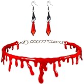 Coridy 2PCS Halloween Necklace Sets for Women Gothic Vampire Jewelry Accessories Red Blood Choker Necklace and Black Bat Blood Earrings Punk Halloween Costume