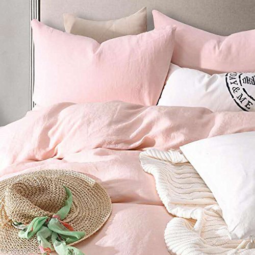 Merryfeel 100% French Linen Duvet Cover Set,Luxurious Bedding Set,3 Pieces(1 Duvet Cover with 2 pillowshams)- Full/Queen - Light Pink