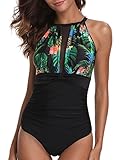 Holipick Women 1 Piece High Neck V-Neckline Halter Pineapple Palm Tree Printed Mesh Ruched Monokini Swimsuit Floral L