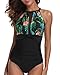 Holipick Women One Piece Swimsuit High Neck Mesh Ruched Floral Printed Floral L