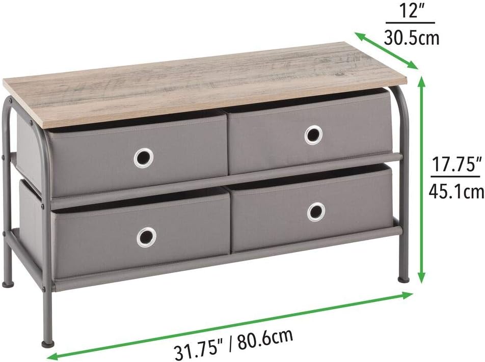 mDesign Storage Bench with 4 Drawers - Sturdy Steel Frame, Wood Top, Easy Pull Fabric Bins - Organizer Unit for Bedroom, Hallway, Entryway, Closets - Dark Gray/Gray: Home & Kitchen