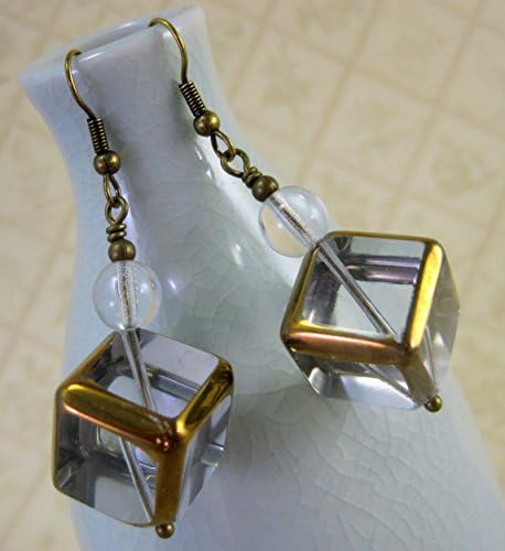 Large Brass and Solid Glass Geometric Shape Prism Cube Dangle Earrings by ArtsParadis