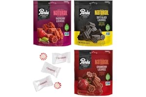 Panda All Natural Soft Licorice 3 Flavor Variety Bundle - Black Licorice, Raspberry Licorice, Strawberry Licorice with Omegapak Starlight Mints, Bundle of 3 Bags, 200g or 7 Oz. Each