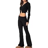 Floavery Women's Two Piece Outfits Knit Cropped Zip Up Hoodie and Foldover Flare Leg Pants Set