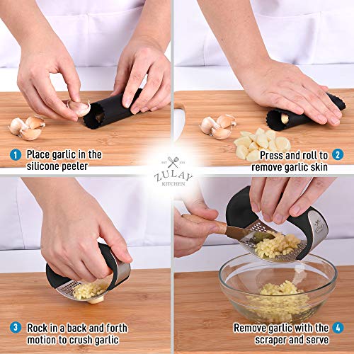 Zulay Garlic Press Rocker Set Stainless Steel Garlic Mincer With Silicone Peeler & Scraper