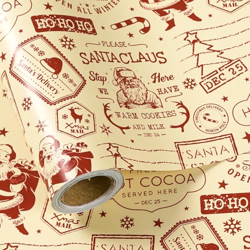 LeZakaa Vintage Christmas Wrapping Paper Roll, Vintage Newspaper Style Santa Claus, Hot Cocoa Nostalgic Design Cream Red Retro Holiday Party Gift Wrap, DIY Crafts, Mini Roll 17in x 16.4 Ft