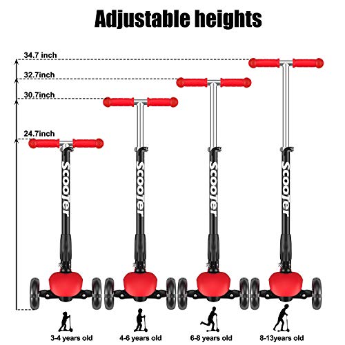 Banne Scooter Height Adjustable Lean to Steer Flashing PU Wheels 3 Wheel Kick Scooters for Kids Boys Girls (Red) - Thumbnail 2
