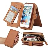 GD Iphone 6plus Wallet Case ,Handbag Wallet Case Purse Premium Leather Zipper Purse Make up Mirror Detachable Removable Magnetic Case with Flip Card Holder Cover Pocket for Iphone6 Plus. (BRG Brown)