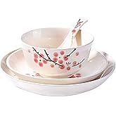 4-Piece Dinnerware Set, Plates, Dish, Bowl, Spoon (Red Plum) | Japanese Hand-painted Tableware set, A Great Tableware