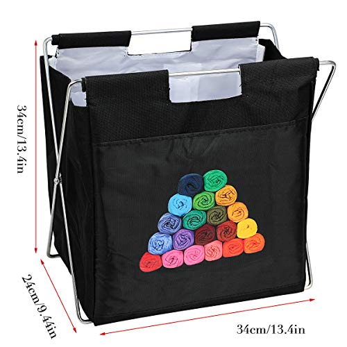 Looen Easy Fold-Up Yarn Bag Arts Caddy Organizer Knitting Project Storage Bag Household Sundries Organization Stainless Steel Folding Basket for Knitting Crochet Sewing (Black)