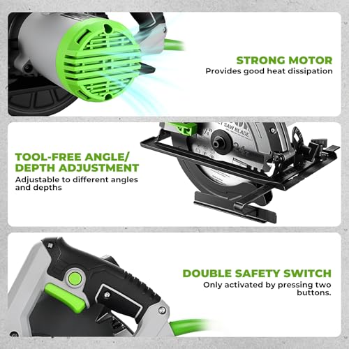DESOON Sega Circolare da 1600 W con Guida Laser, Include Guida Parallela e 2 Lame da Seghetto (185 mm, 24T e 40T), 5500 Giri/min, Profondità di Taglio 65 mm (90°) e 43 mm (45°), per Taglio Legno