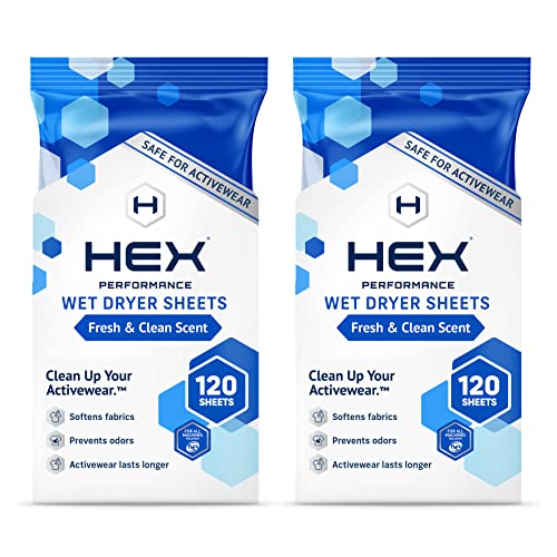 HEX Performance Wet Dryer Sheets, Fresh & Clean, 120ct (Pack of 2) - Safe for Activewear, Made for Sensitive Skin, Eco-Friendly