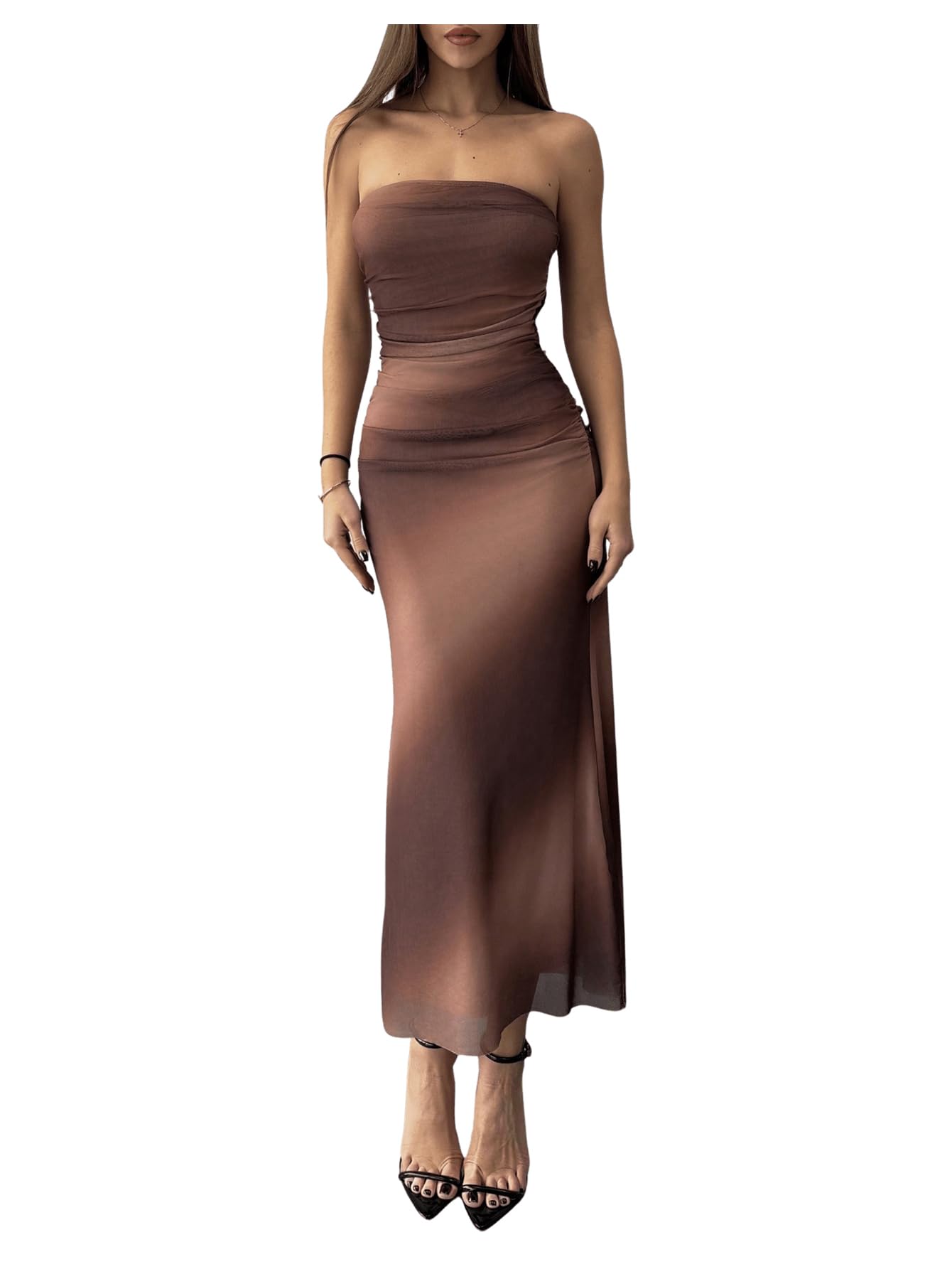 Photo 1 of GORGLITTER Women's Mesh Strapless Ruched Bodycon Maxi Dress Wedding Guest Prom Cocktail Summer Y2k Long Tube Dresses Brown Ombre Medium