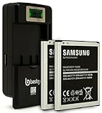 Two (2pk) Samsung Galaxy S4 OEM Original Standard Li-ion Battery 2600mAh for Galaxy S4 -Non-Retail Packaging- Black/Silver (Certified Refurbished) plus One (1) Bastex External Dock LCD Battery Charger